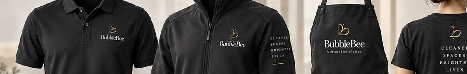 Divise degli specialisti BubbleBee: polo, giacca, grembiule e t-shirt con logo